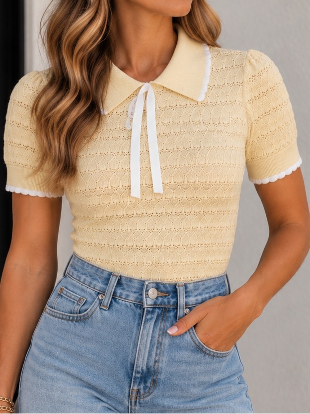 Forward Cream Knit Peter Pan Collar Top with Ribbon